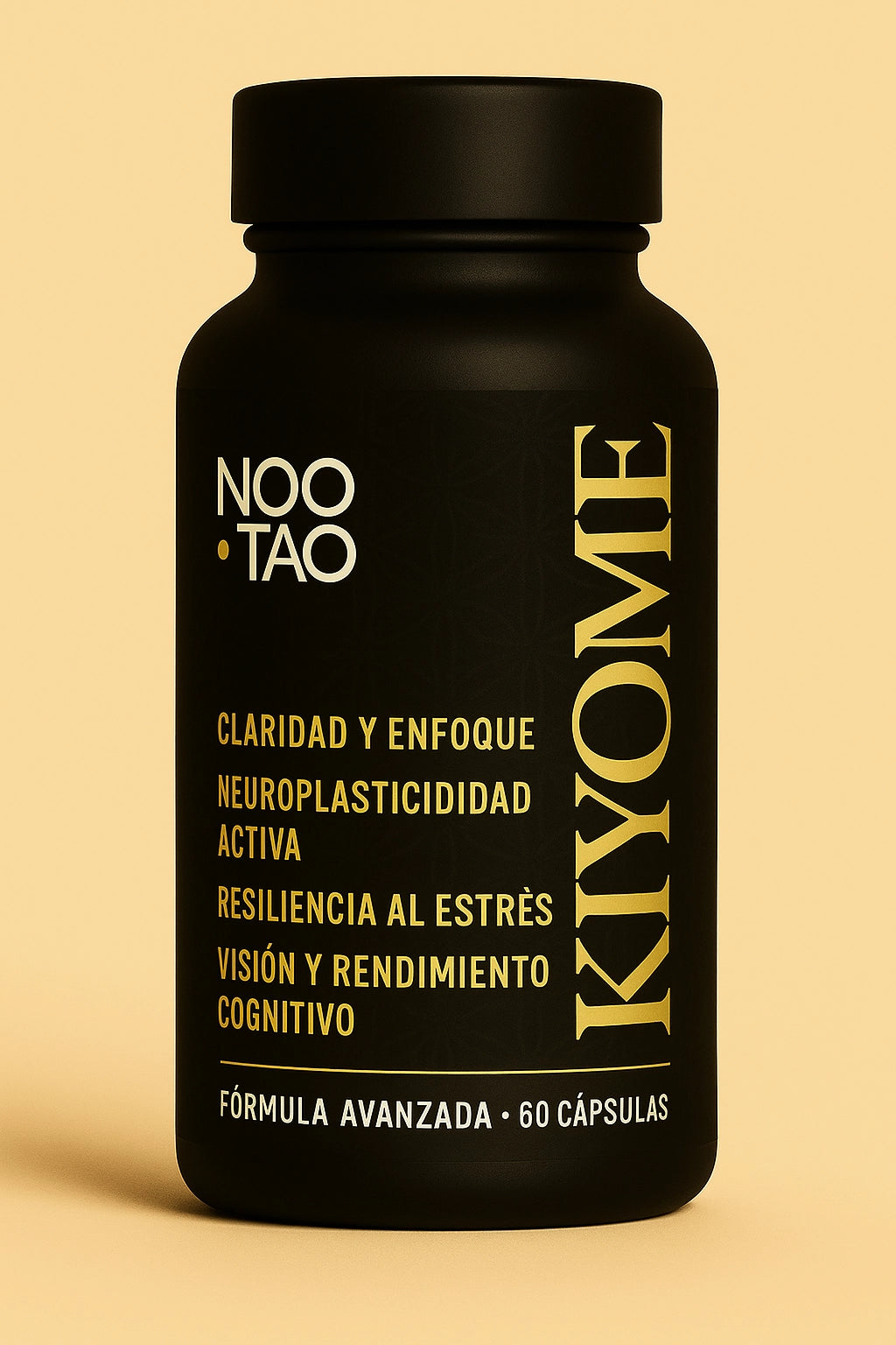 Botella de Noo·Tao Kiyome, suplemento nootrópico y adaptógeno para claridad mental, neuroplasticidad activa, resiliencia al estrés y rendimiento cognitivo.