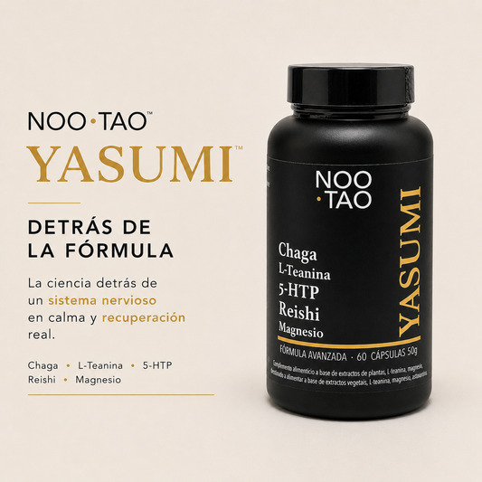 Portada del libro Noo·Tao Yasumi Detrás de la Fórmula junto al envase del producto para descanso, recuperación y equilibrio del sistema nervioso
