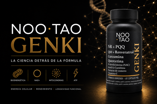 Noo Tao Genki, suplemento premium para energía celular, NAD+, mitocondrias y rendimiento cognitivo con NR, PQQ y CoQ10.