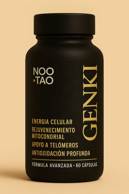 Bote del suplemento Noo·Tao Genki – Nootrópico y adaptógeno para energía celular, rejuvenecimiento mitocondrial, apoyo a telómeros y antioxidación profunda