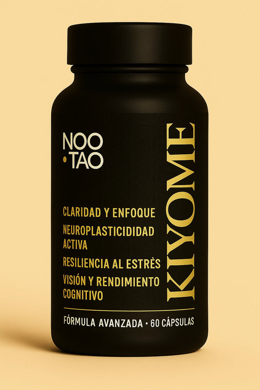 Botella de Noo·Tao Kiyome, suplemento nootrópico y adaptógeno para claridad mental, neuroplasticidad activa, resiliencia al estrés y rendimiento cognitivo.