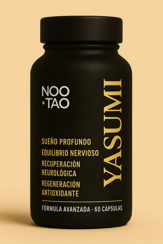 Bote de Noo·Tao Yasumi – suplemento natural adaptógeno para el sueño profundo, equilibrio nervioso y recuperación neurológica. Fórmula premium sin aditivos, con enfoque antioxidante.
